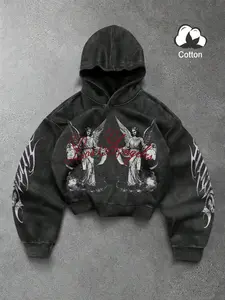 Men's Mary Magdalene Portrait Letter Print Hoodie, Dark Sports Jacket, Fall Holiday Christmas Gift, Y2K Comfortable Style