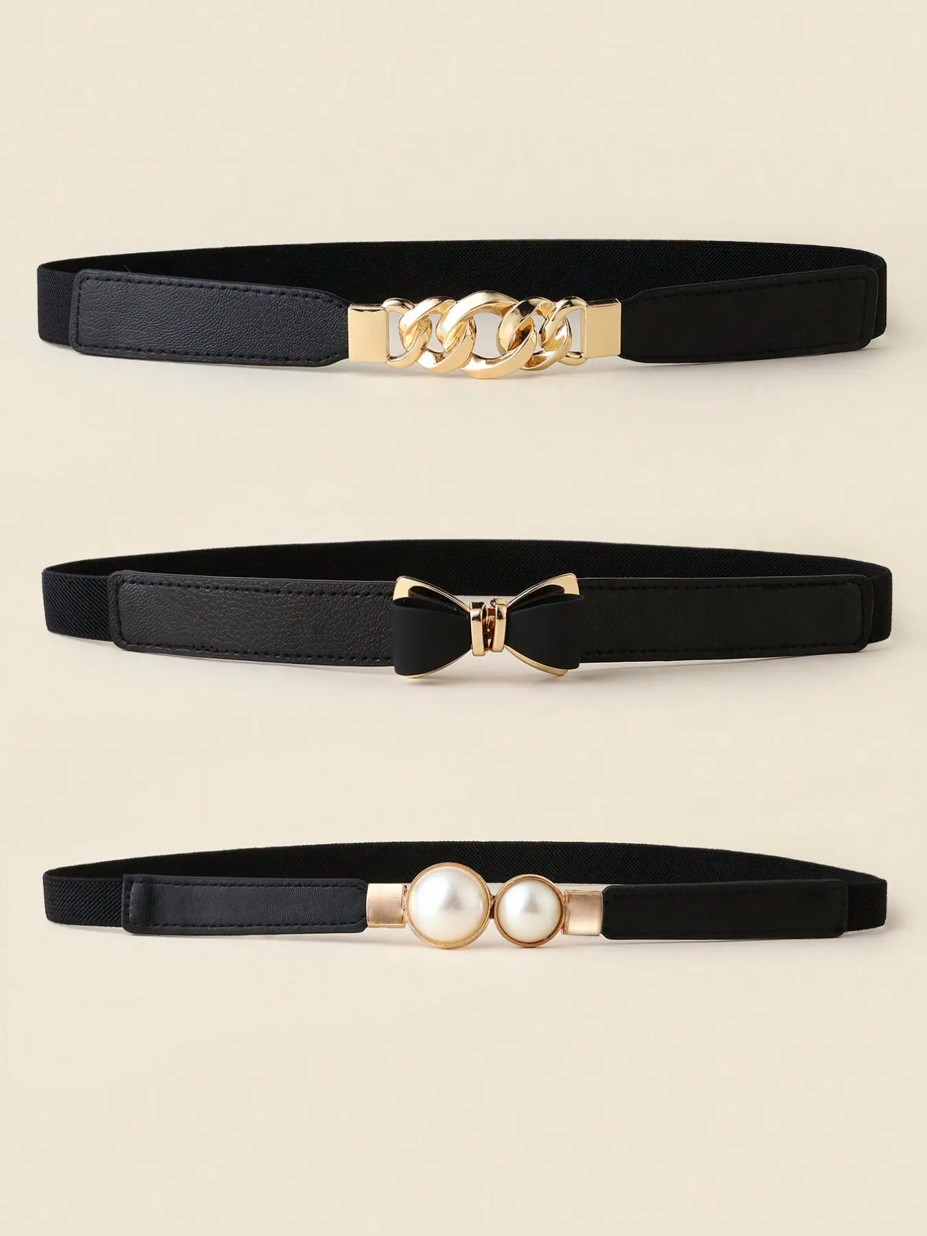 3-Piece Women's Elastic Waistband Set, Stretchy Belts, Fashion Belts, Chain Bow Imitation Pearl, Alloy Buckle, Versatile for Dresses, Coats, Daily Wear, Gift Idea