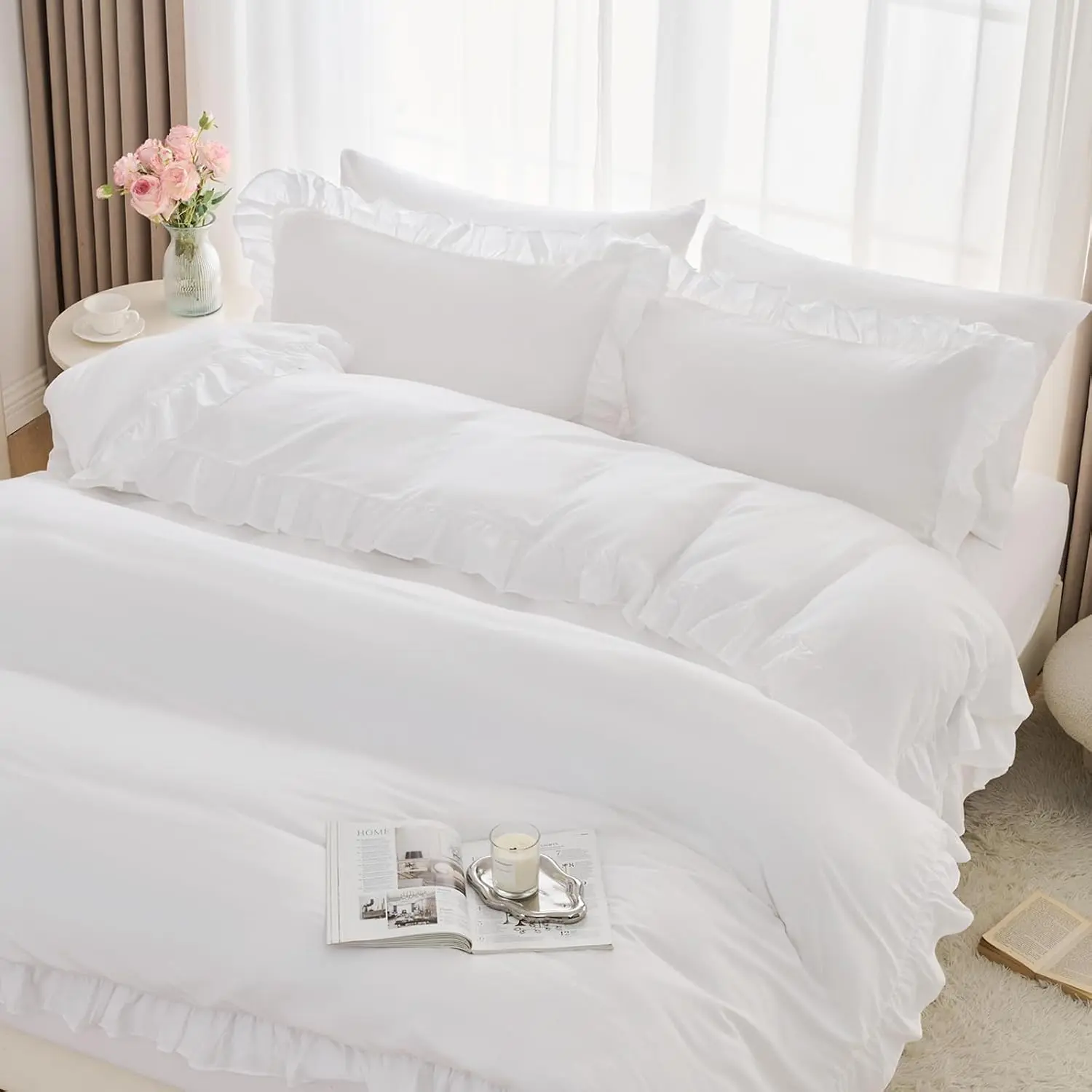 5 count White Ruffle Duvet Cover  Size Soft Microfiber Shabby Chic Ruffled Duvet Cover Set,   Country Ruffle Bedding Set with Zipper Closure & Corner Ties, 90" x 90"