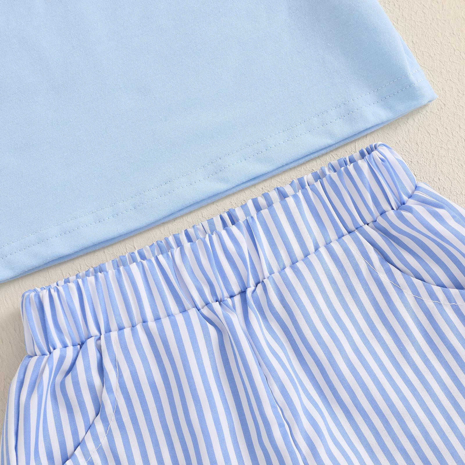 Toddler Baby Boy Summer Outfit Animal Embroidery Round Neck Short Sleeve Top Stripe Shorts Casual 2pcs Set Summer Clothes