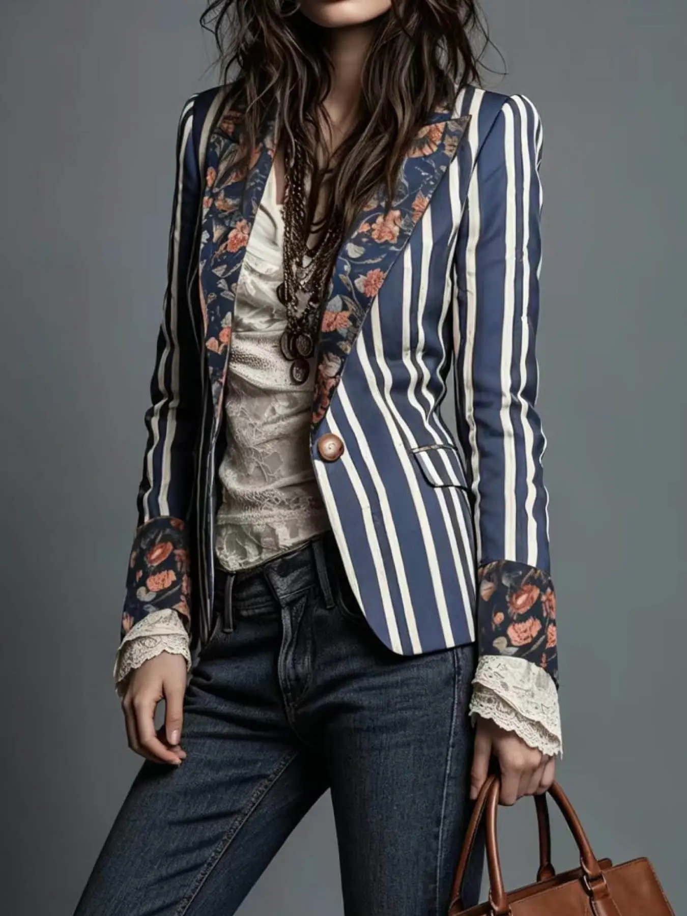 A fashionable women's French retro floral lapel, waist cinching, contrasting striped suit style casual Long Sleeve Blazer suit jacket, suitable for summer, city travel, cocktail parties, art exhibitions and viewing