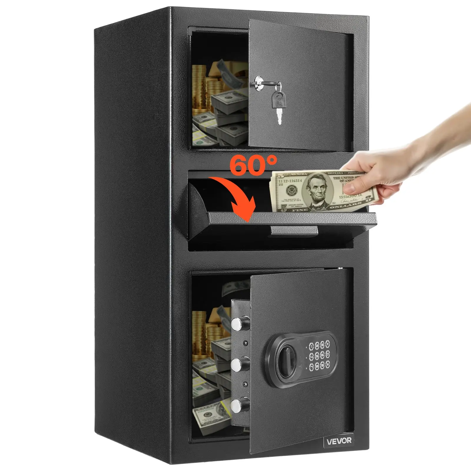 【Summerfinds】VEVOR 3.6 Cubic Feet Drop Safe, Large Capacity Front Drop Slot Safe Box with Digital Keypad, Heavy Duty 3 Tiers Cash Depository Box with Spare Keys for Cash, Bank Slip, Jewelry, Document, Bill, Black