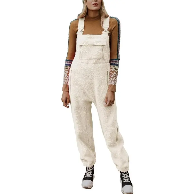 Women's Fleece Warm Overalls Winter Loose Casual Jumpsuits with Pocket