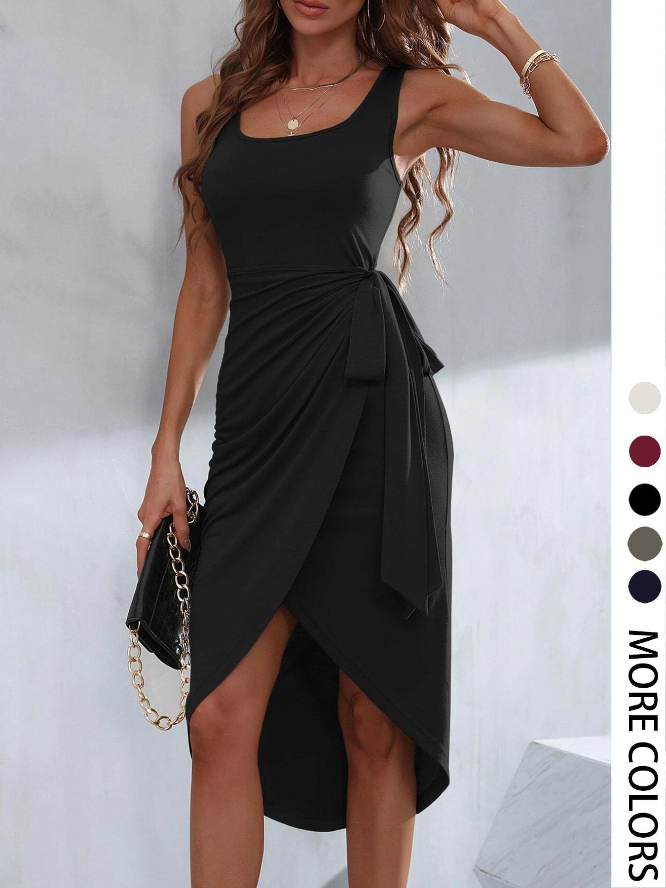 Women's Plain Dress, Casual Sleeveless Dress for Summer, Women's Clothing for Daily Wear, Elegant Draped Style