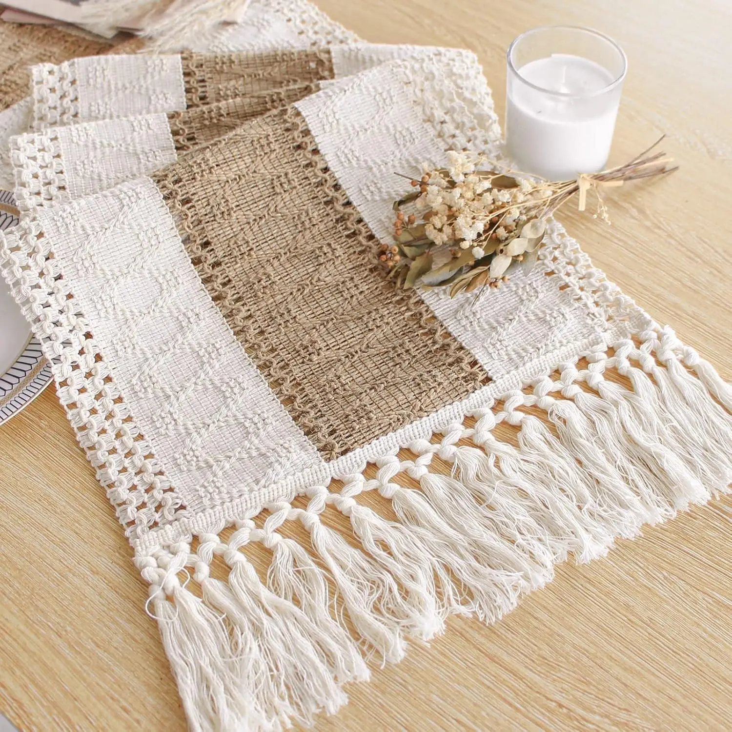 Boho Table Runner  Thanksgiving Fall Christmas Home Decor with Tassels 72 Inches Long Pottery barn Furniture Farmhouse Rustic Macrame Burlap Table Decoration  Living Room (12x72 Inches)