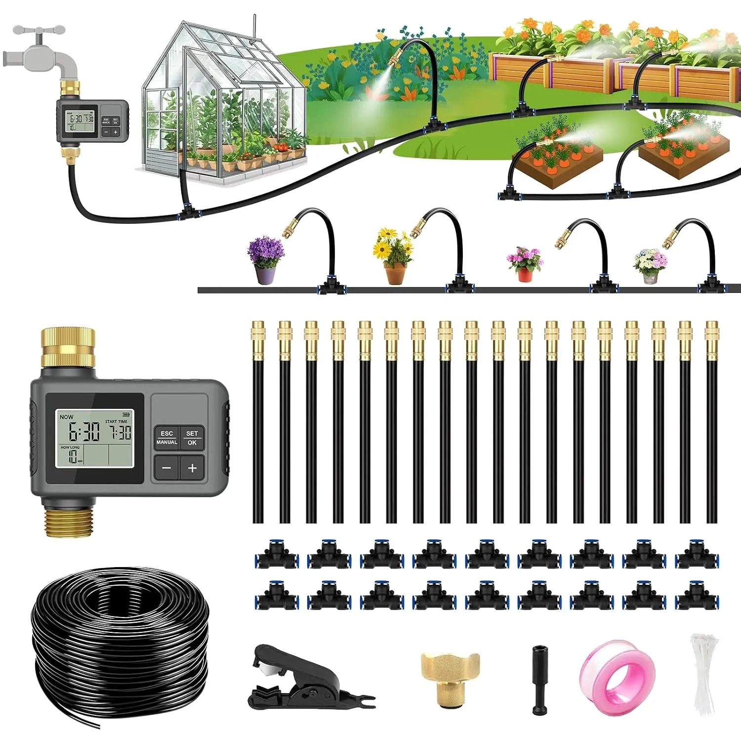 60Ft Drip Irrigation System with  Water Timer – Automatic Garden Watering Kit with Solid Brass Metal Connectors, 360° Adjustable Nozzles & Bendable Tubing for Garden, Greenhouse & Lawn