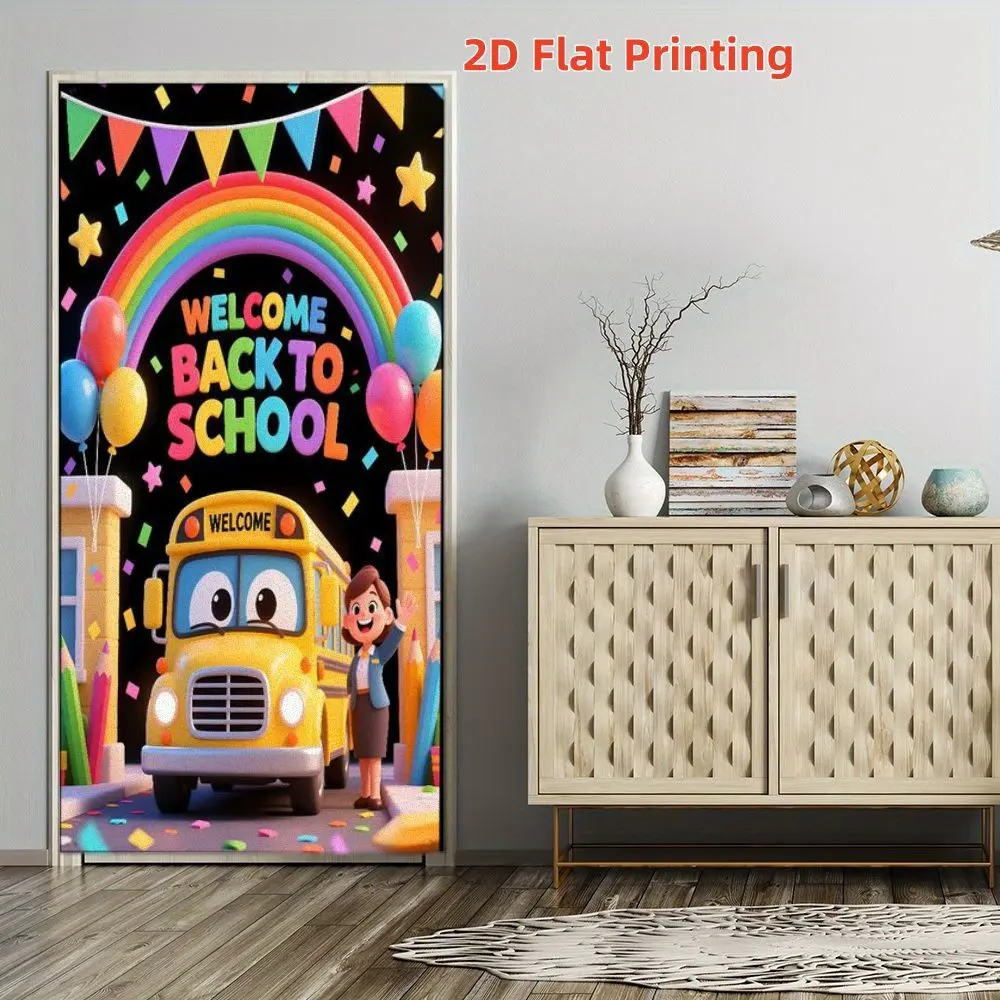 2D Flat Banner 1pc Rainbow School Bus Welcome Back Theme Door Banner, Pencil and Star Print Decorative Door Cover, Polyester Material, Multiple Sizes Available
