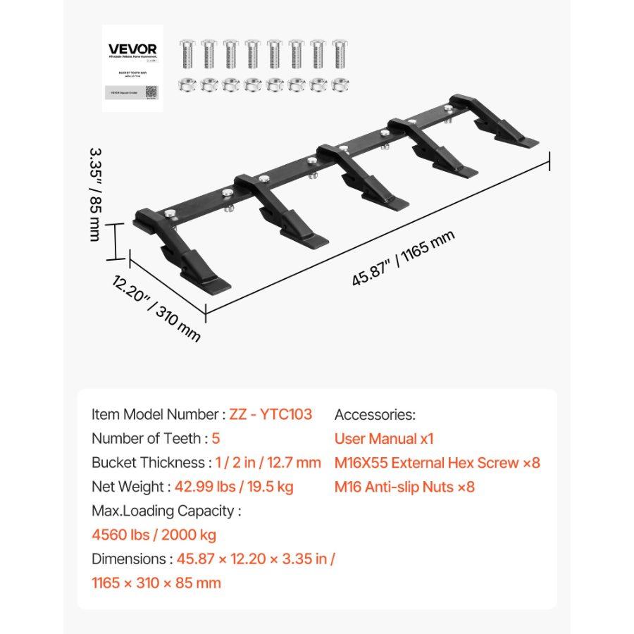 VEVOR Bucket Tooth Bar, 46 in Heavy Duty 5 Teeth Tractor Bucket Bar for Loader Tractor Loader Skidsteer, 4560 lbs Load Capacity, Bolt On Teeth Bars for Buckets Protection Efficient Soil Excavation