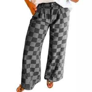 Dark Grey Checkered Denim Wide Leg Jeans