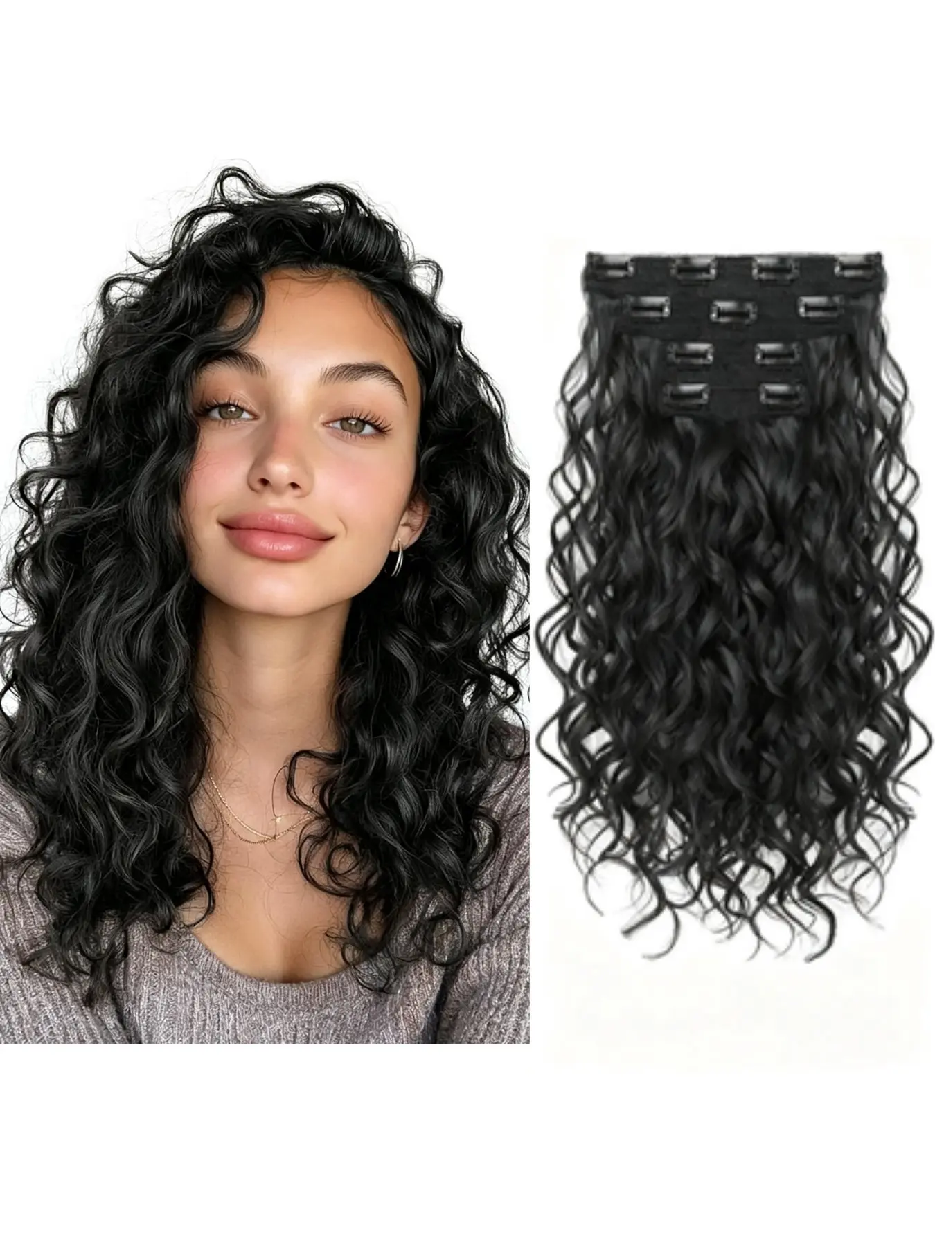 Curly Hair Extensions, 4PCS 16 inch Clip in Hair Extensions Lace Weft Short Curly Hair Extensions Clip Ins Invisible Natural Hairpieces for Women
