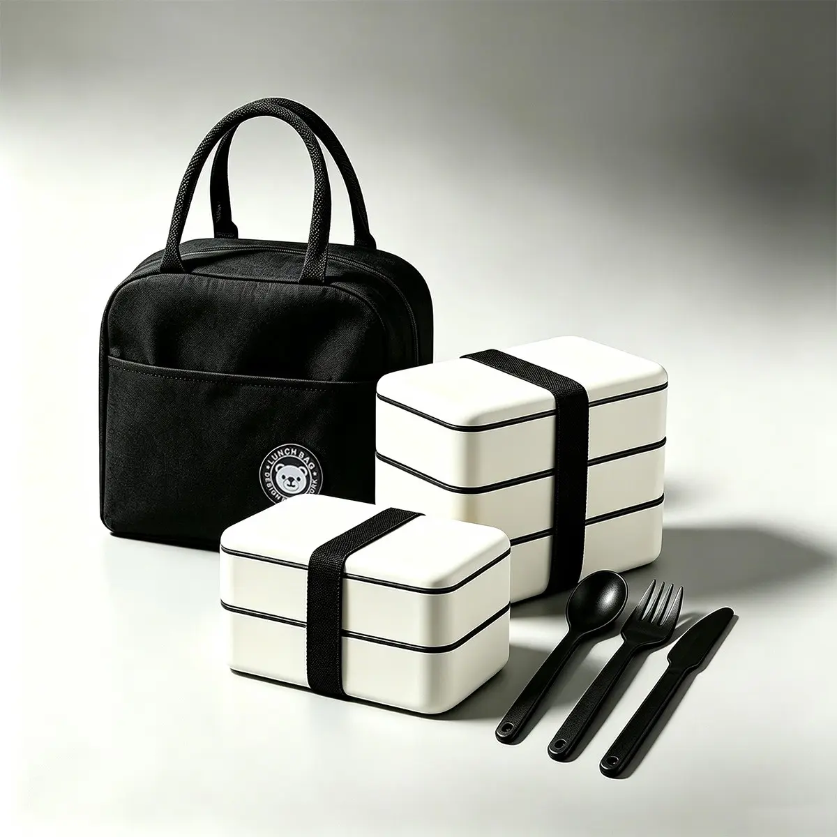 1 Set White&Black Double Triple Layer Compartment Bento Box Kit With Free Spoon & Fork, Separated Layers Prevent Flavor Mixing, Easy To Wash, Microwave Safe, Matching Insulated Tote Bag For Daily Meal Prep, Office, School, Trip & Outdoor Camping