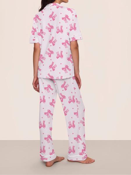 Women's Leopard Print Fitted Pajama Set with Bow Tie, Short Sleeve Shirt and Long Pants for All Seasons, Comfortable Casual Sleepwear