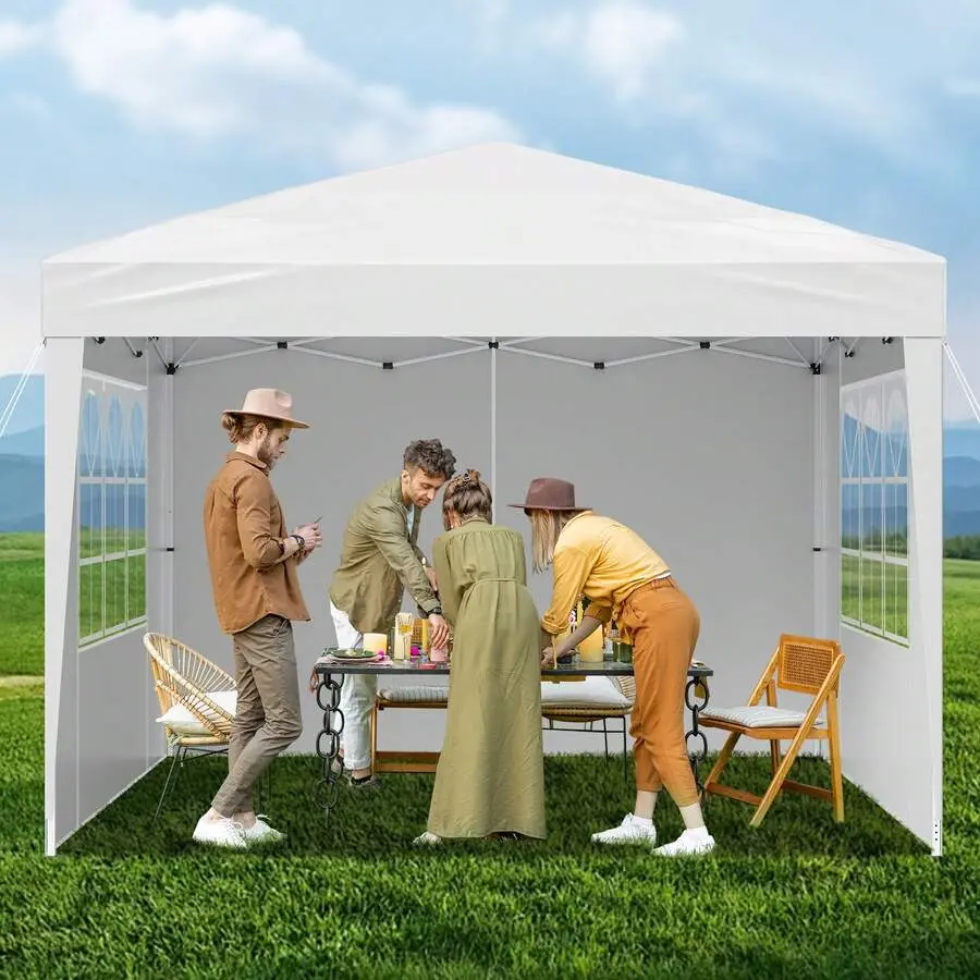 Pop Up Canopy, 10 X 10 FT Instant Canopy Portable Gazebo With 3 Sidewalls & 2 Ventilated Windows, Height Adjustable Pop-Up Outdoor Shelter Tent For Events, Patio, Backyard, Party, Parking