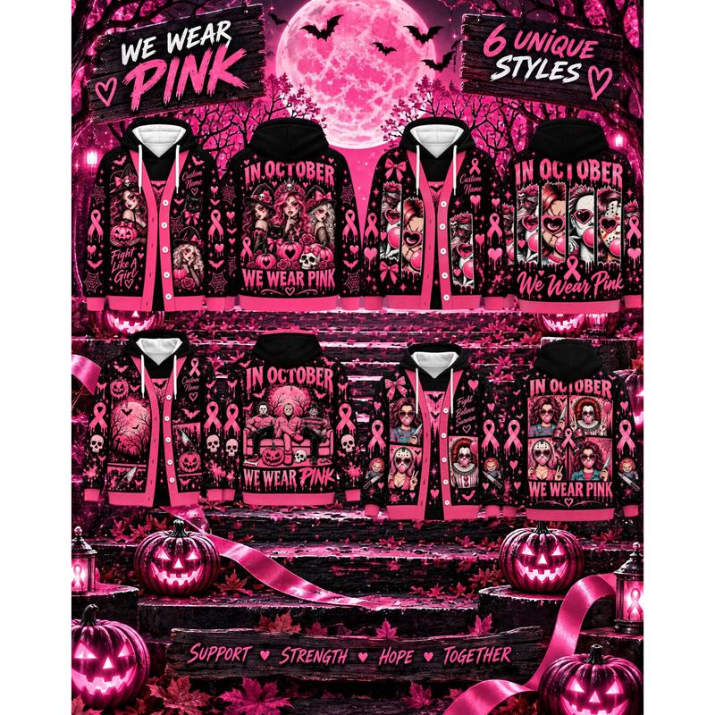 Men's Pink Breast Cancer Awareness Hoodie - 2026 Halloween Fall Outfit, Custom All-Over Print Sweatshirt, Long Sleeve Tops, Hand Wash Ok, Pink October Charity Gift