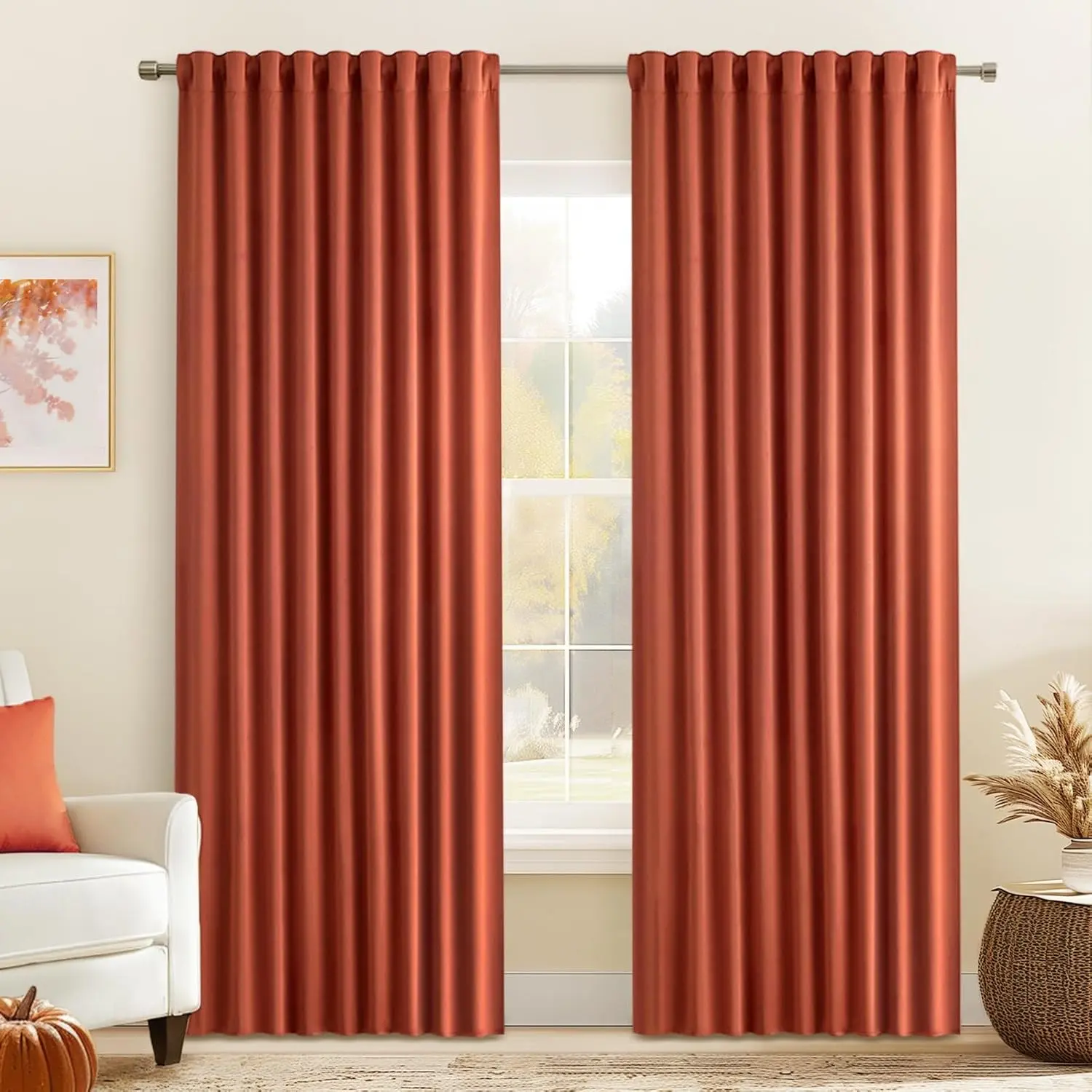 Fall Burnt Orange Back Tab Blackout Curtains 52"x84" Length 2 Panels| Rod Pleated, Thermal, Room Darkening, Light Blocking, Privacy Curtains for Living Room Bedroom