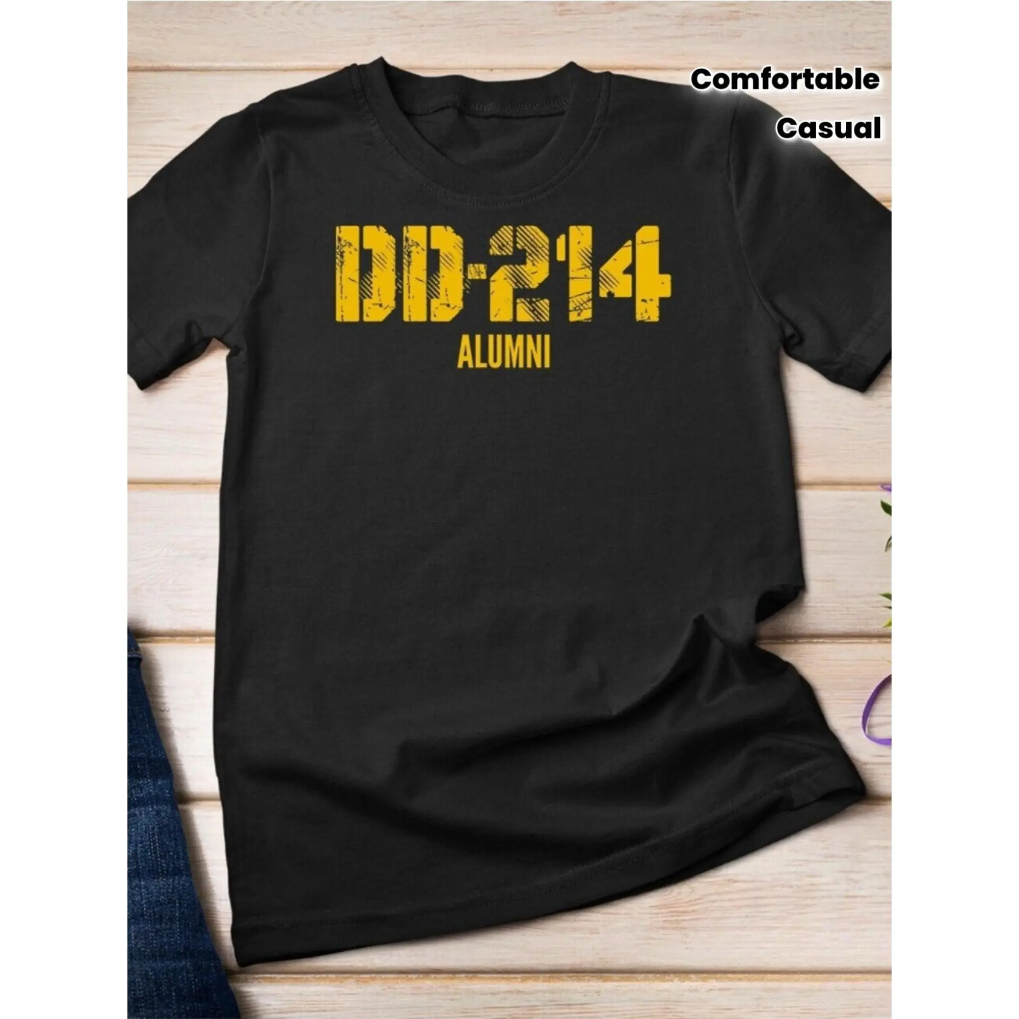 Men's DD-214 Alumni Style Military Uniform T-Shirt - Black with Yellow Letters, Stretch, Casual, Comfortable, All-Season, Ideal for Festivals, Casual Wear, Tops, Shortsleeve, Tshirt, Cotton, Streetwear, Fabric, Menswear, Print, Knit, Round Neck