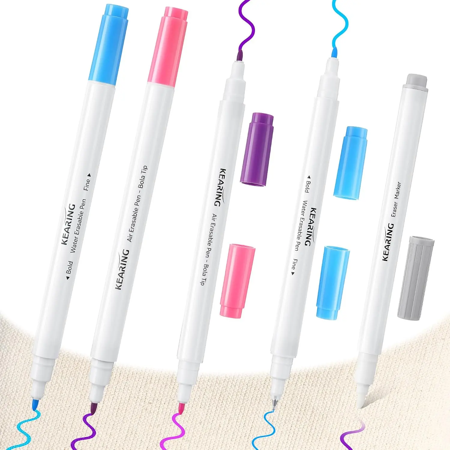 Fabric Markers for Sewing, 5 Count Pack, Includes 2 Water Soluble Fabric Marker 2 Air Erasable Pens 1 Eraser Marker, Disappearing Ink Pen, Sewing Quilting Embroidery Supplies