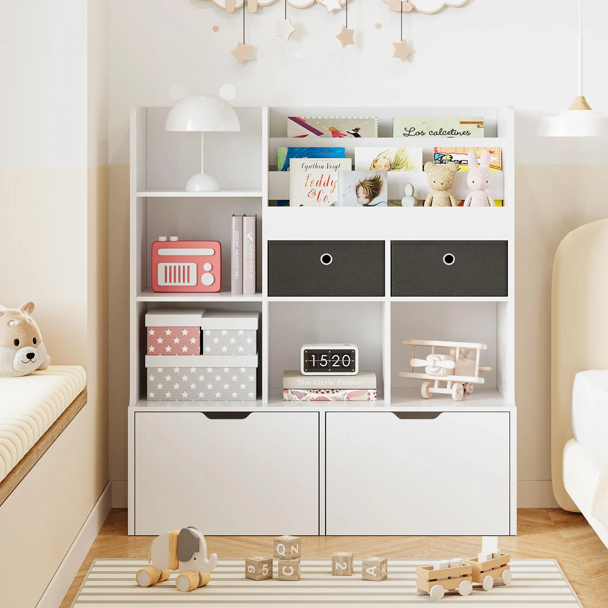 GARVEE Kids Bookshelf with Drawers, White Wooden Bookcase - 4-Tier Book Display - 7 Storage Compartments - 2 Fabric Drawers - Toy Storage Cabinet