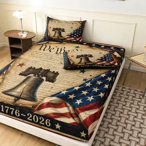 3 Pieces Vintage American Flag Liberty Bell 1776 We The People Print Fitted Sheet Set, Retro USA Patriotic Star Stripe Print Bedding, Soft Microfiber Independence Day Rustic Bedding Decor (1 Fitted Sheet + 2 Pillowcases, No Pillow)