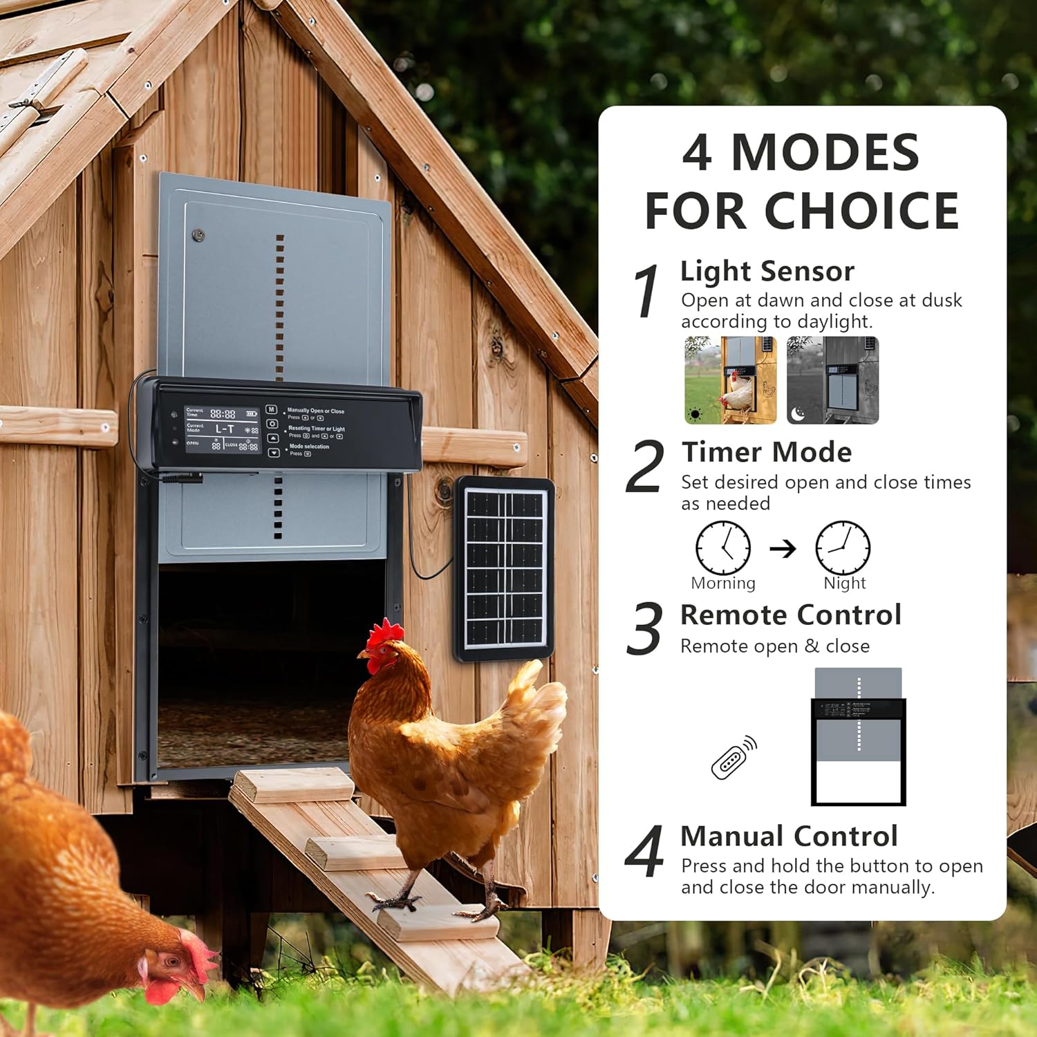 Automatic Chicken Coop Door Solar , LCD Screen Electric Chicken Coop Door with Timer & Light Sensor, 4 Modes Solar Chicken Coop Door, Anti-Pinch & Door   Coop Door with Remote Control