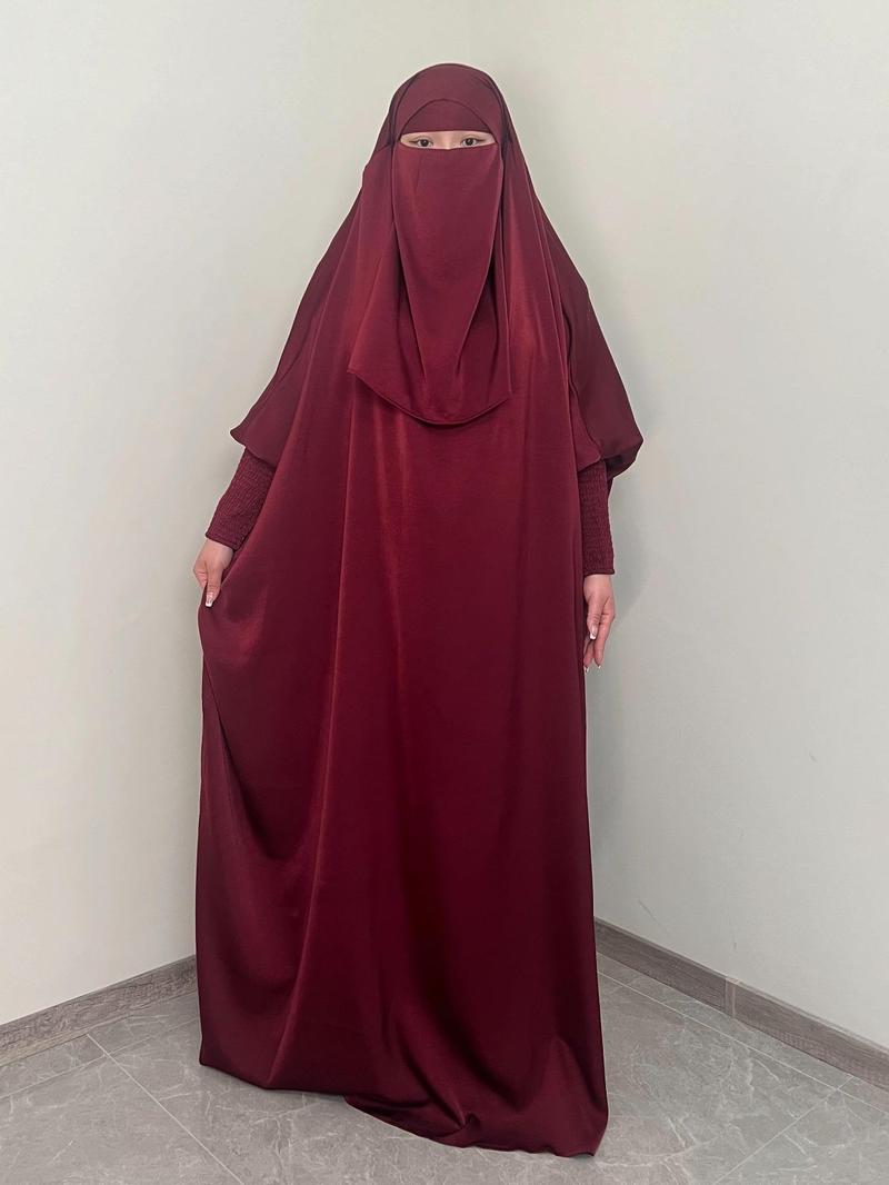 Women's Solid Shirred Jilbab Abaya Set, Modest Muslim Clothing Set for Daily Wear, Modesty Muslim Clothing, Women's Islamic Clothing for Spring & Fall