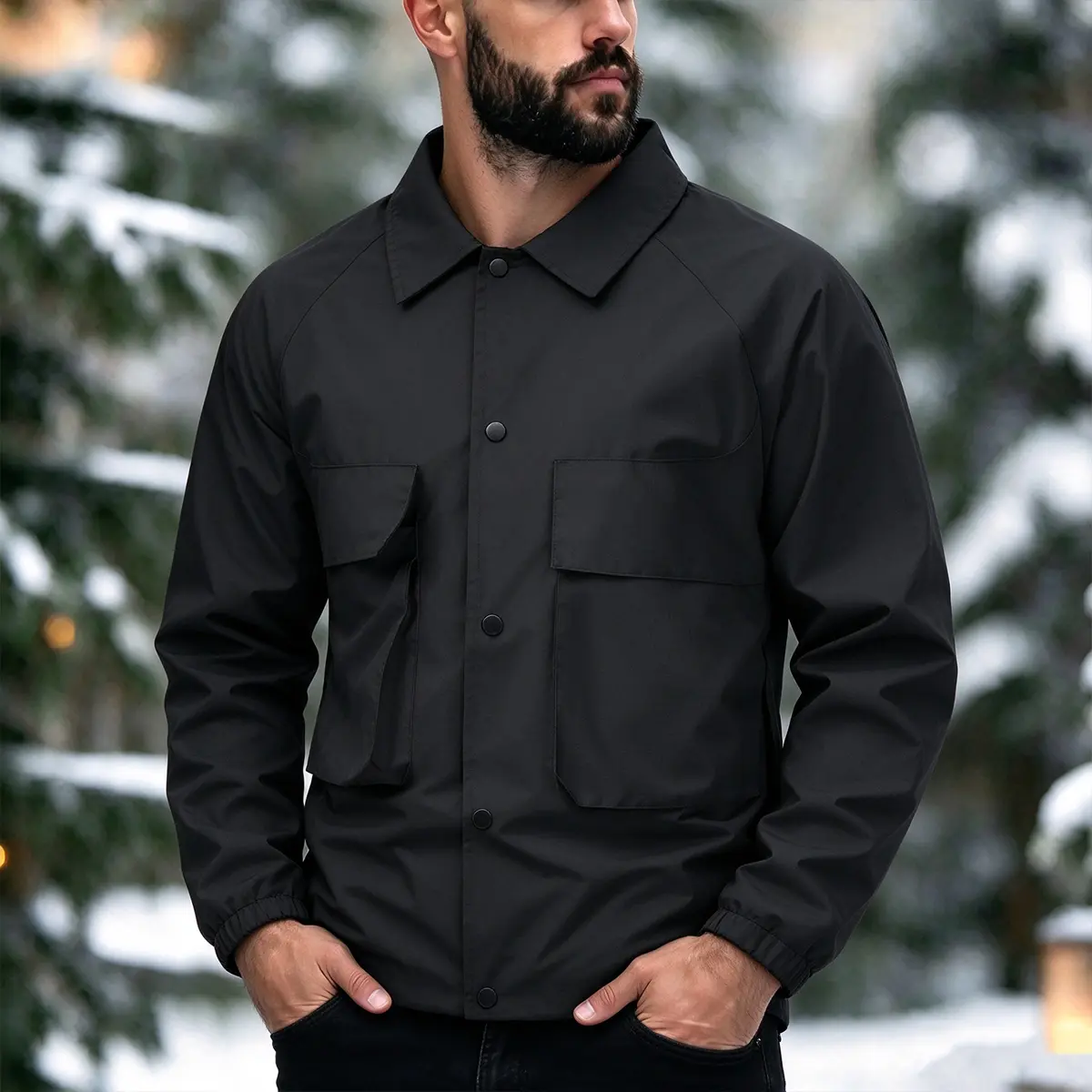 Men Lapel Collar Utility Jacket, Snap Button Front Closure, Dual Large Flap Chest Pockets, Raglan Sleeves, Elastic Cuffs, Ripstop Light Fabric, Water Resistant Casual Work Outerwear for Daily Wear Outdoor Travel Street Style