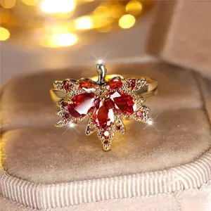 Luxury Female Red Tree Leaf Round Zircon Stone Ring Dainty Gold Color Wedding Jewelry For Women