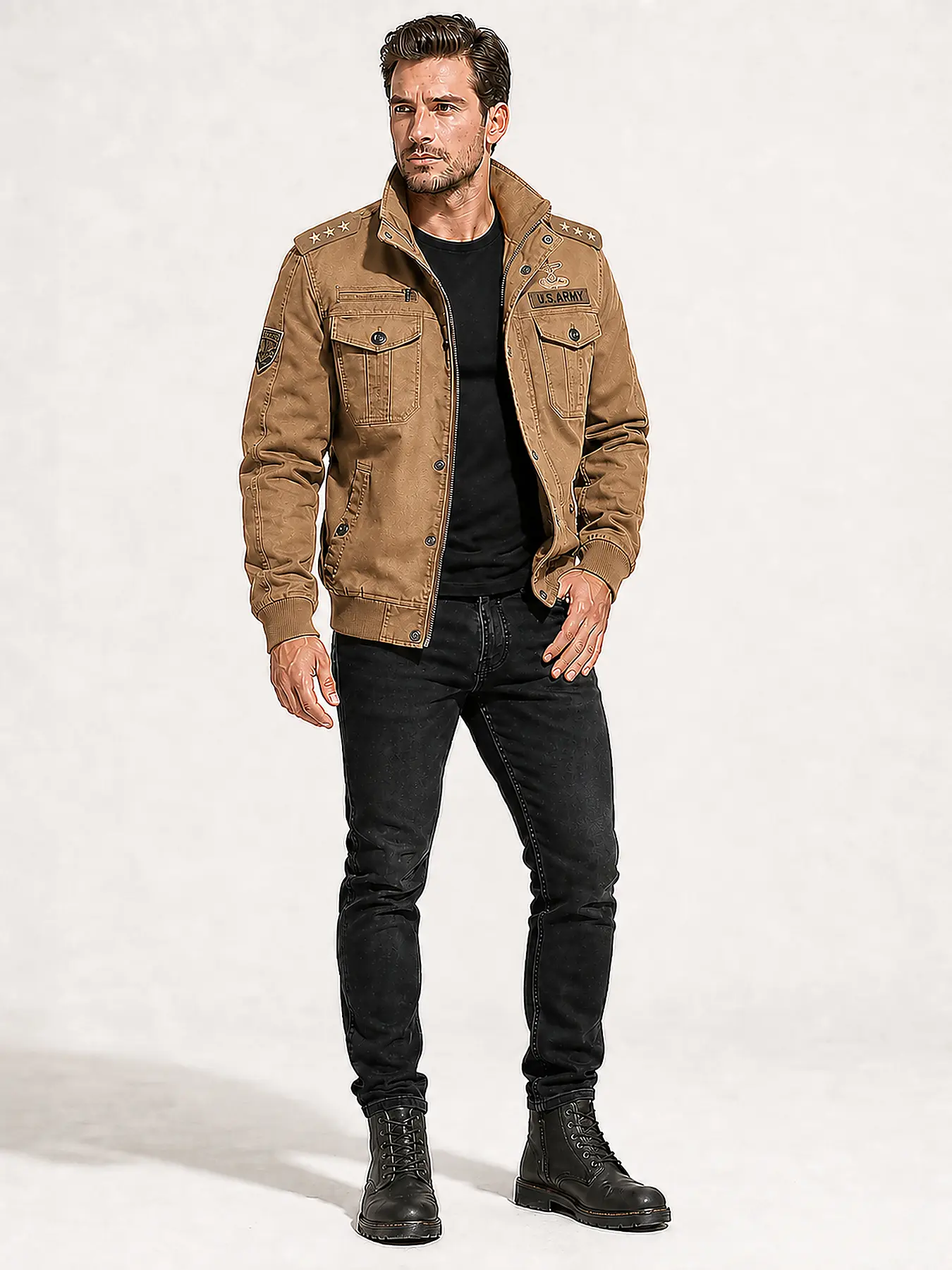 Men's workwear jacket, solid-color embroidered stand-up collar jacket, casual and slim with a pocket on the chest, suitable for daily wear and outdoor activities, adventures.