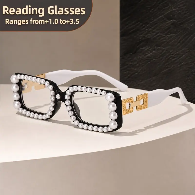 GUGILA Luxury Large Frame Square Reading Glasses, Pearl Embellished Surface, Metal Hinges, Perfect for Mature Women, Party & Fashion