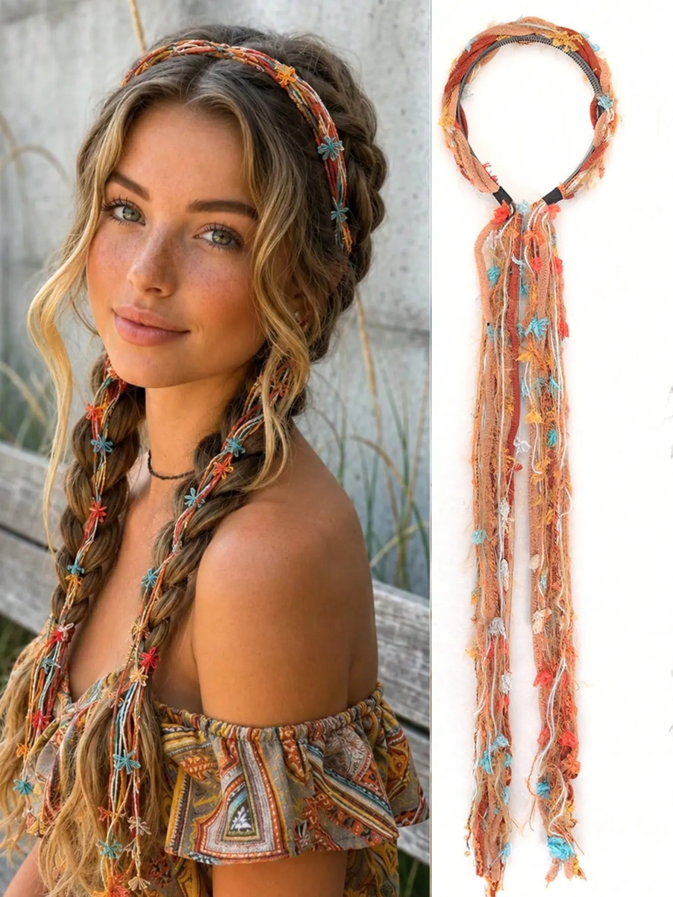 Vintage Plush Maillard Color Palette Colorful Long Tassel Ribbon Headband Braided Hair Hoop Bohemian Style Women's Hair Accessory