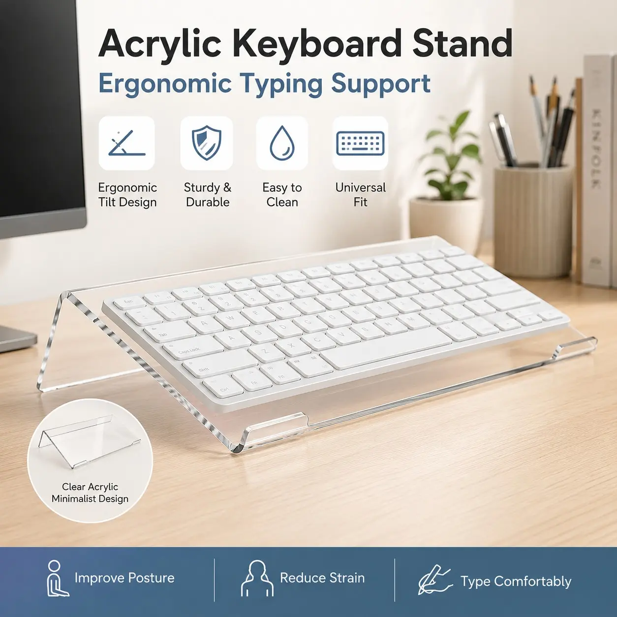 Transparent Acrylic Keyboard Stand, Ergonomic Keyboard Riser, Slanted Desk Keyboard Support, Office Home Campus Typing, Fits Mechanical & Desktop Keyboards