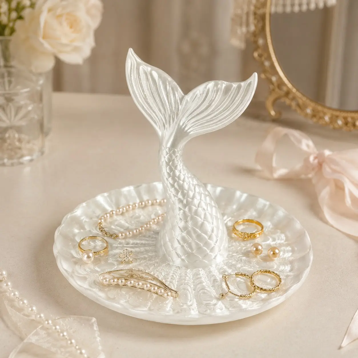 Mermaid Tail Jewelry Organizer Tray, Ocean Shell Style Ring Earring Necklace Display, Perfect for Home Decor and Gifts