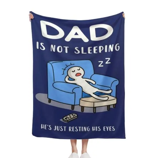 Father's Day Gift Dad Is Not Sleeping Just Resting His Eyes Funny Stick Figure Cartoon Flannel Throw Blanket Navy Blue Humorous Dad Sofa Warm Blanket 30*40in 40*50in 50*60in 60*80in US Local Shipping