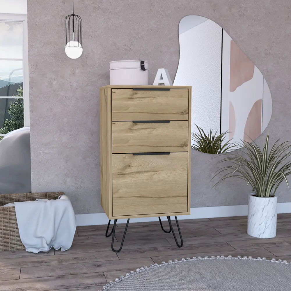 Nokaa Light Oak 3-Drawer Dresser Chest 35.5"H Narrow Storage Cabinet with Hairpin Legs Particle Board Beige Finish Compact Nightstand Alternative for Small Spaces Single Box