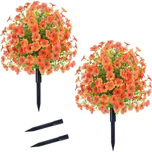 Artificial Violet Ball Topiary with Ground Spikes, 22 Inch Realistic Faux Flowers Waterproof, Fade Resistant Greenery Fake Bushes Plants for Yard Porch Decor (Orange, 2PC)