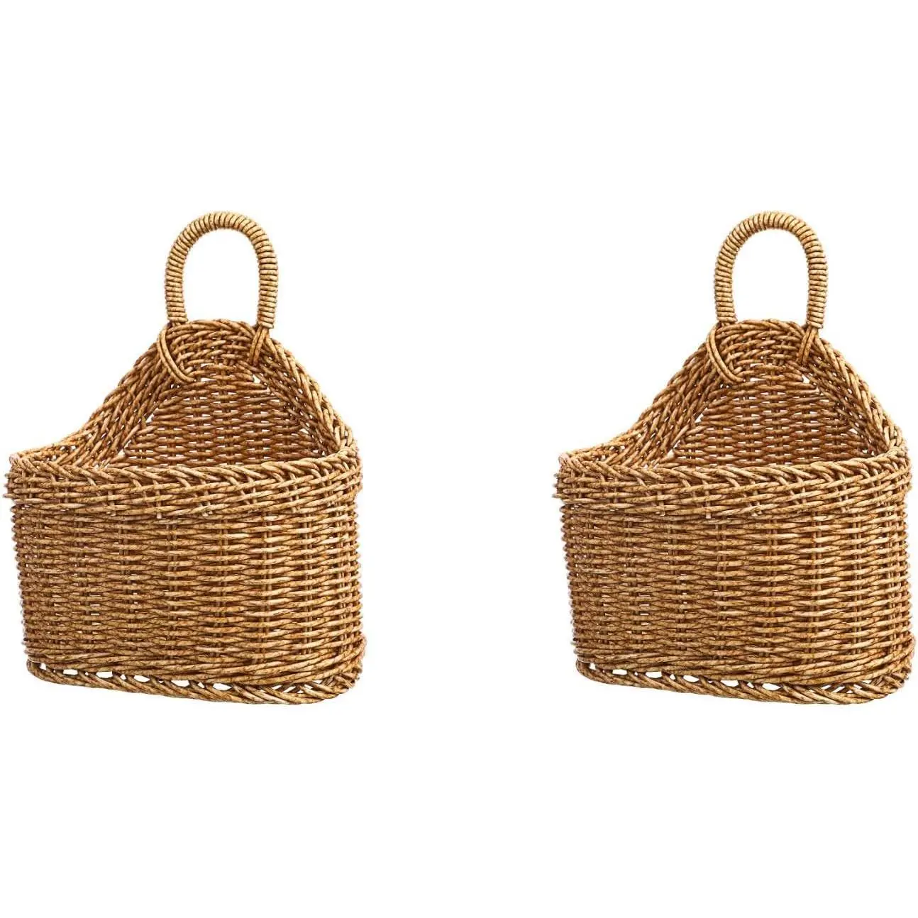 LIOOBO 2pcs Wheat Plastic Woven Washable Hanging Wall Baskets with Scalloped Rim, Boho Home Decor Farmhouse Style Home Organizers for Produce Storage (Potato, Garlic, Onion, Fruit)