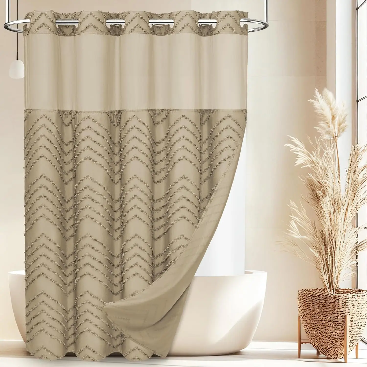 No Hook Shower with Snap in Liner, Tufted Chevron Striped Shower Set for, Boho Waterproof and Washable Shower Curtains, 71Wx74H, Beige.