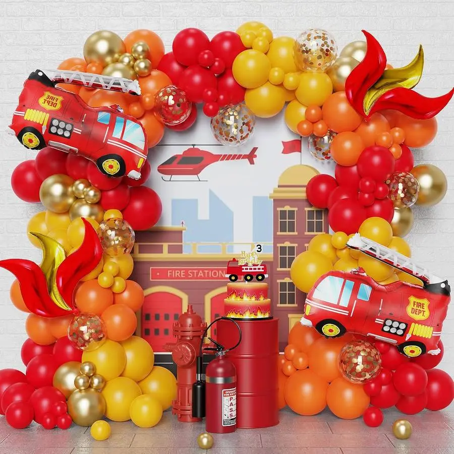 Fireman Party Balloon Garland Arch Kit, 144pcs Red Yellow Chrome Gold Balloons with Fire Truck Foil Balloons, Firefighter Rescue Themed Birthday Decor, Party Supplies