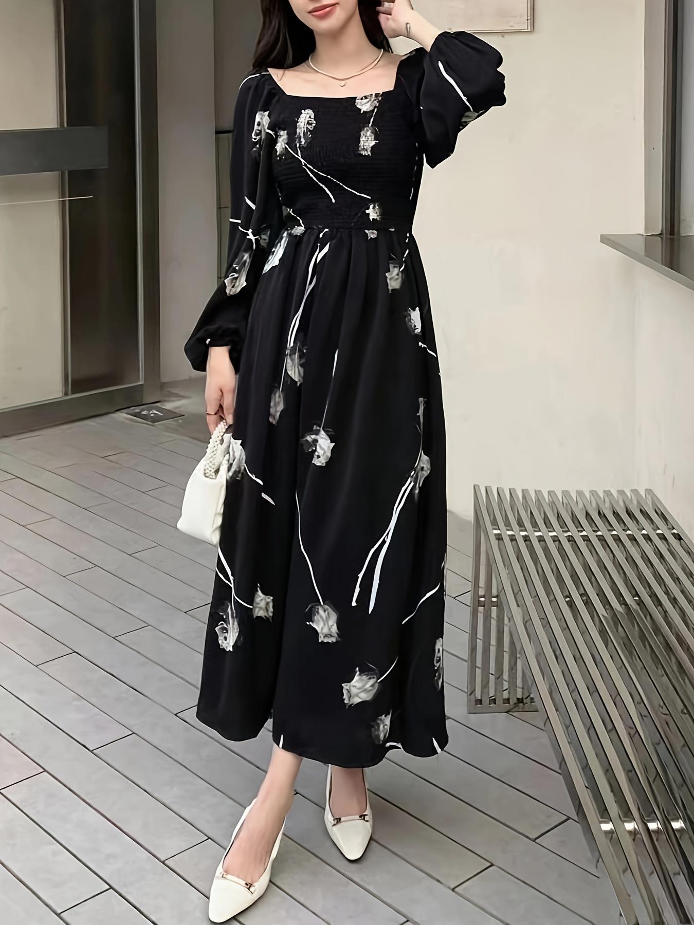 Women's Floral Print Dress, Elegant Fashion Casual Fitted A Line Dress for Daily Outdoor Wear, Women Dress for Spring Fall