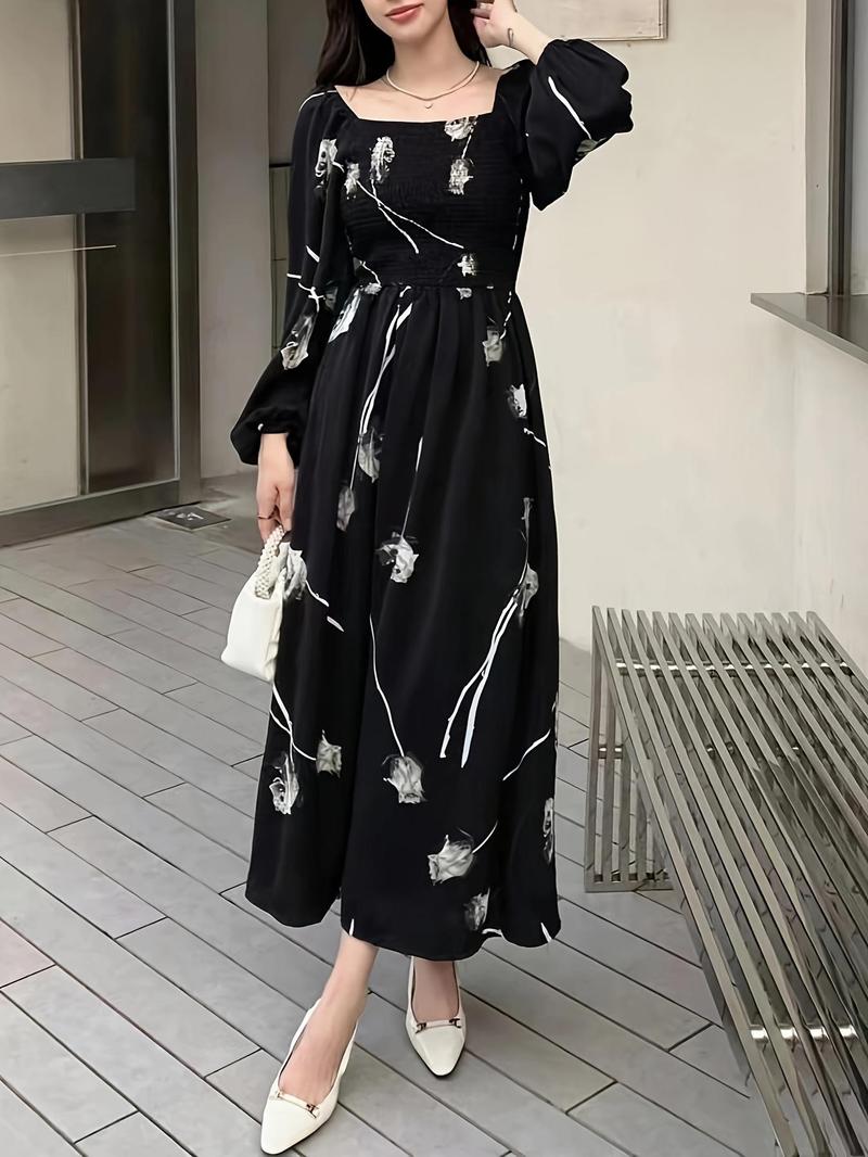 Women's Floral Print Dress, Elegant Fashion Casual A Line Dress for Daily Outdoor Wear, Women Dress for Spring Fall