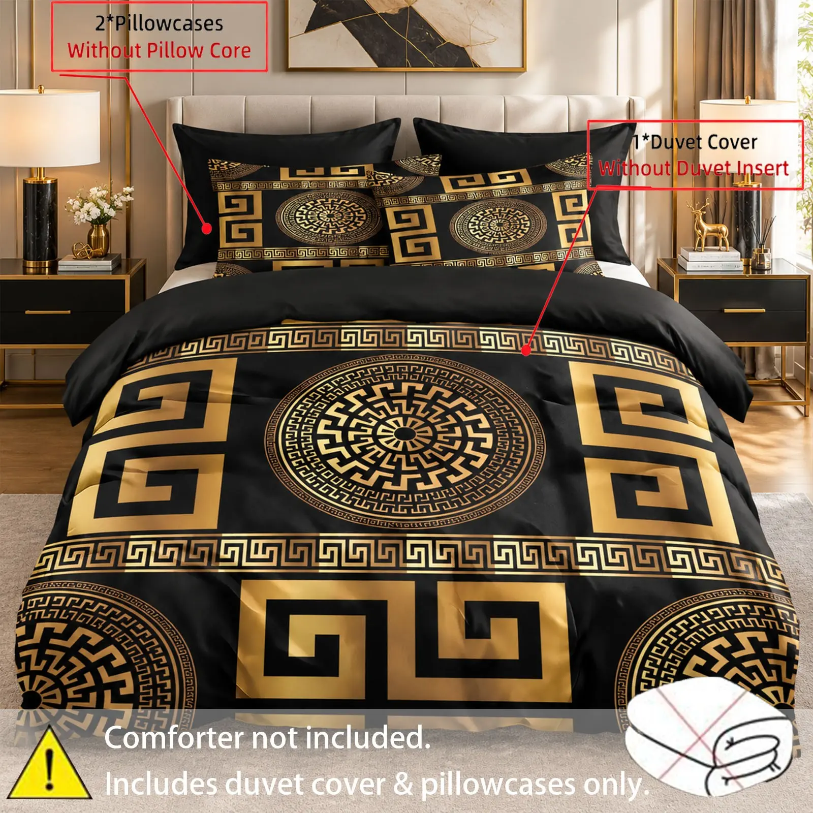 3pcs Black And Gold Geometric Greek Key Pattern Duvet Cover Set (1 Duvet Cover + 2 Pillowcases, No Fillings), Soft and Comfortable Bedding, Suitable for Bedroom, Dormitory, Guest Room Home Decoration