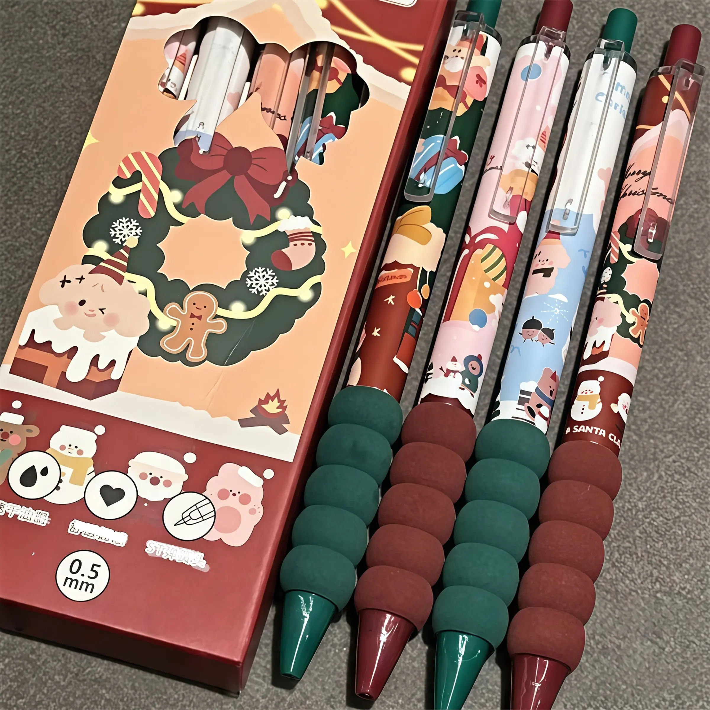 4pcs/set Christmas Limited Edition Soft Grip Pen, Quick Drying Ink, Santa Claus Gingerbread Man Pattern, 0.5mm Continuous Pen