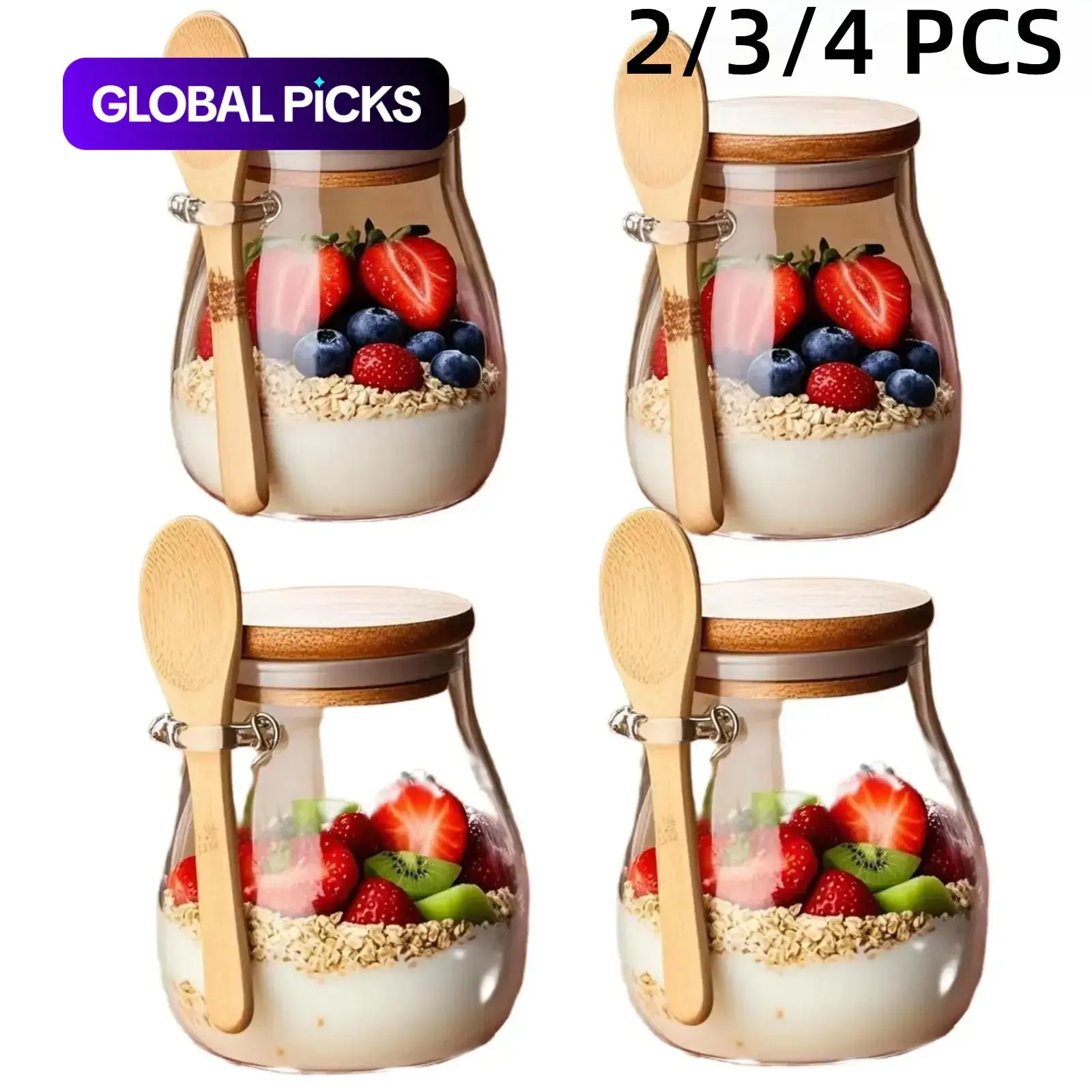 Glass Storage Jar with Lid & Spoon, 2/3/4-Count Overnight Oats Jar with Stickers & Pen, Airtight Food Container for Yogurt, Spice & Salad, Kitchen Canister, Airtight Canisters #GLOBAL PICKS