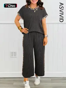 Women's Casual Leopard Patchwork Edge Twisted Rib T-Shirt and Pockets Long Pants Set, Short Sleeve High Waist for All Seasons