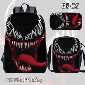 This 3-piece unisex large-capacity backpack set features a stylish Venom 2D print, adjustable shoulder straps, and a zipper closure. The set includes a backpack, lunch bag, and pencil case, making it an essential for back to school, camping, travel, and o