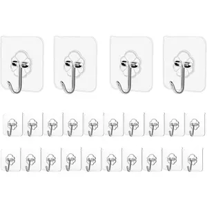 24 Packs Heavy Duty Adhesive Wall Hooks, Max 24lb Load, Nail Free Transparent Waterproof Stainless Steel Sticky Hangers for Bathroom Kitchen Shower Outdoor Home Door Key Storage