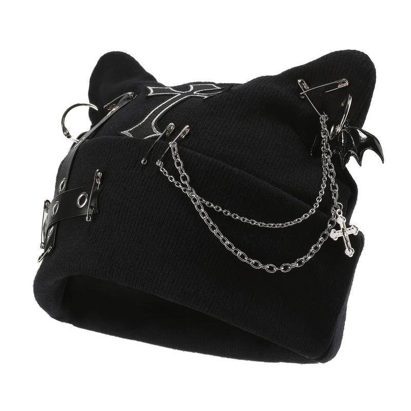 Women’s Gothic Cat Ear Beanie with Punk Chain & Bat Charm, Y2K Grunge Winter Cap, Adjustable, Machine Washable, Black Streetwear Accessory