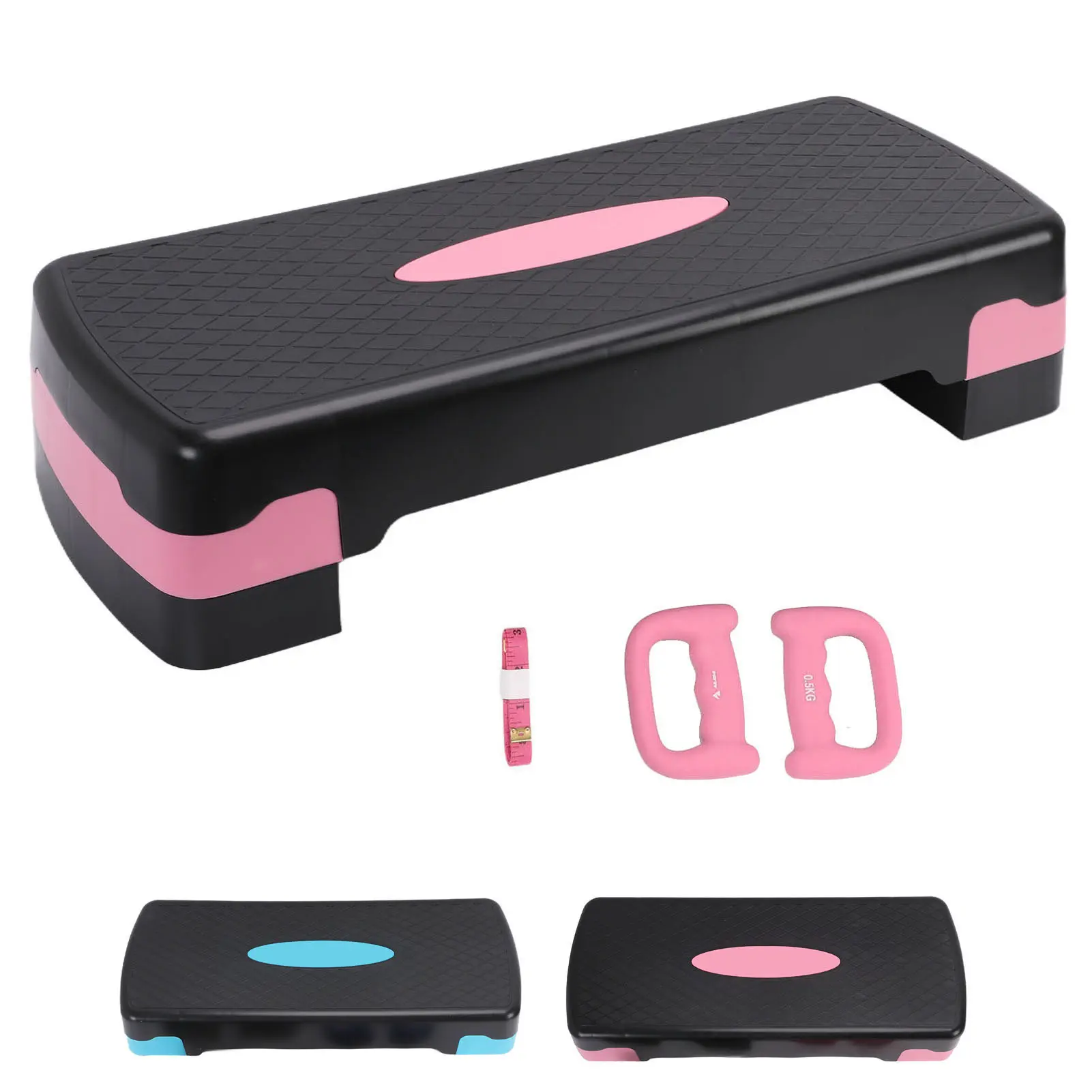 Adjustable Aerobic Stepper Set with 2 Risers, Exercise Step Platform with Dumbbells & Measuring Tape for Home Gym Workout, Pink / Blue Available