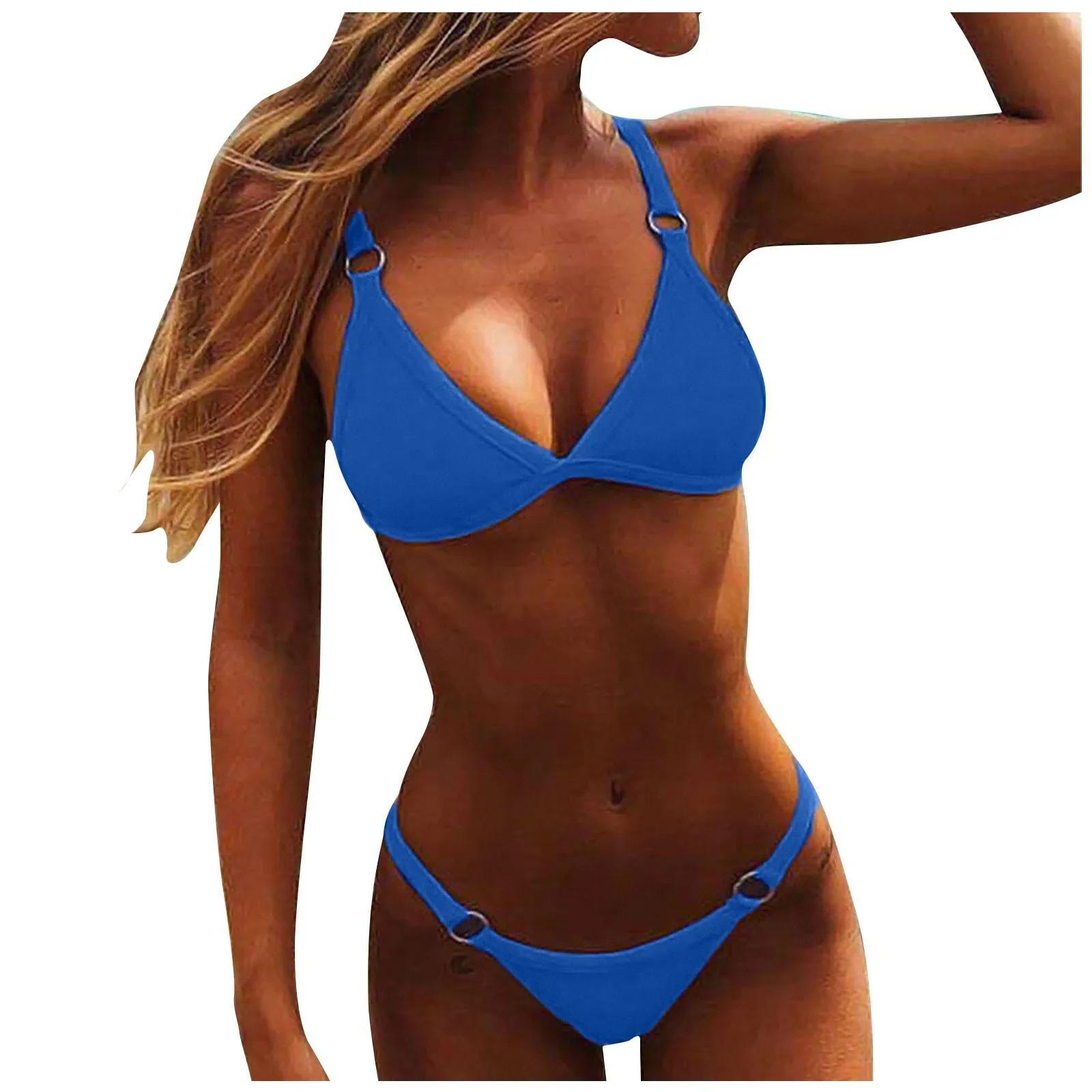Vacation Woman Girl Solid Color Metal Buckle Sling Backless Split Swimwear Sexy Bikini Set Two Piece Swimsuit Bikinis Swimsuit