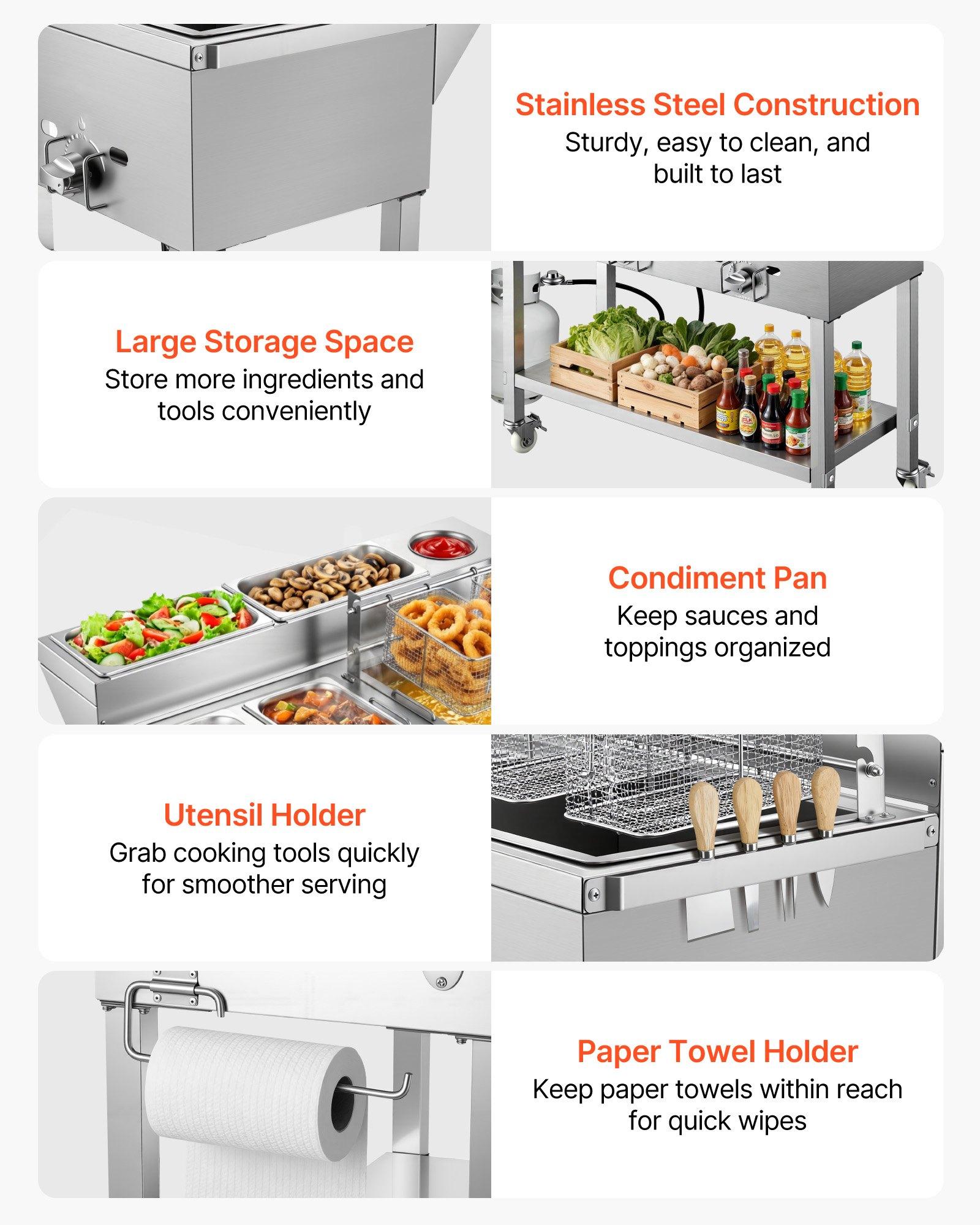 VEVOR Outdoor Propane Deep Fryer, 2 Burners (11,600 BTU Each), Commercial Fryer with Two 1/3 Size Food Warming Pans, Multi-Purpose Frying Cart with 4 Lockable Wheels, for Fried Chicken & Fries VEVOR Outdoor Propane Deep Fryer, 2 Burners (11,600 BTU Each), Commercial Fryer with Two 1/3 Size Food Warming Pans, Multi-Purpose Frying Cart with 4 Lockable Wheels, for Fried Chicken & Fries